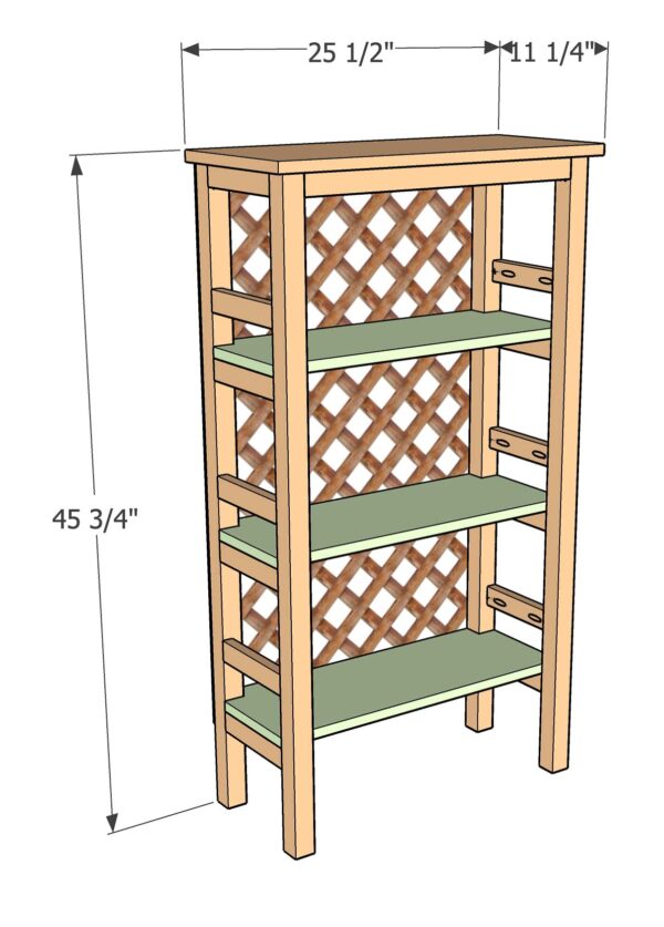 image with dimensions of DIY trellis back bookshelf