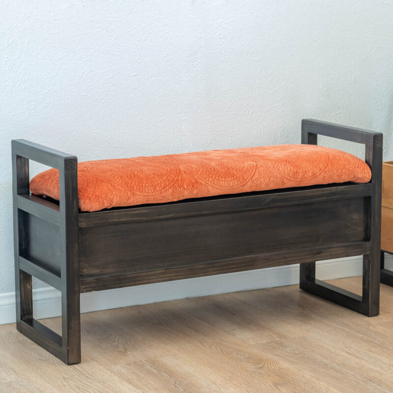 DIY upholstered bench with orange fabric